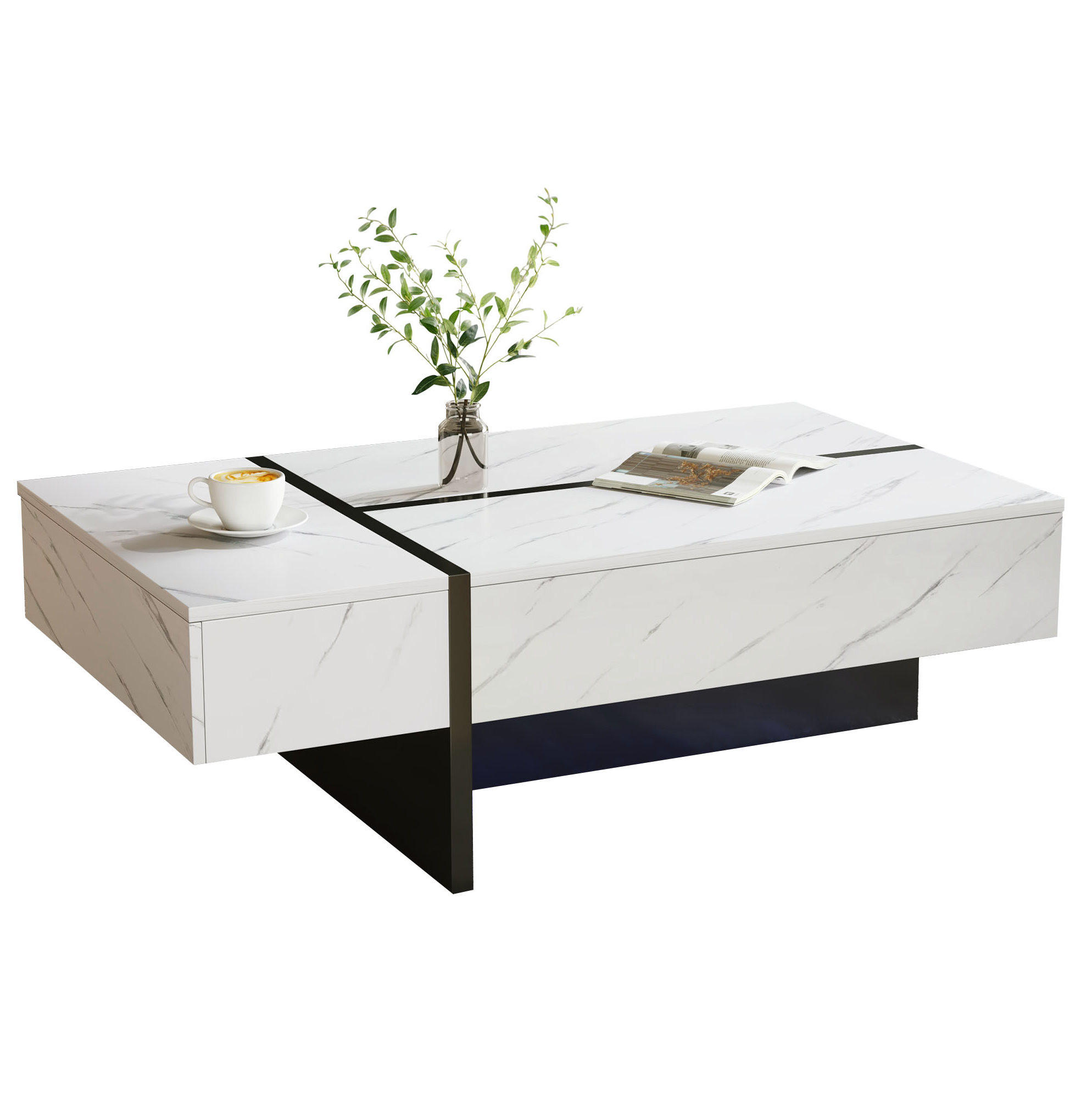 COUCHTISCH mit LED und 3 Schubladen 105 x 60 cm Weiß - Weiß, Holzwerkstoff (105/60/35cm) - Meubliv