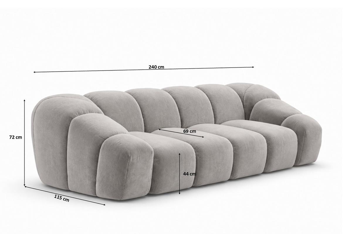 SOFA 3-Sitzer modular, Veloursstoff Bluvel, Grau, CROISSANT - Grau, Holz (240/72/115cm) - Kaiser Möbel