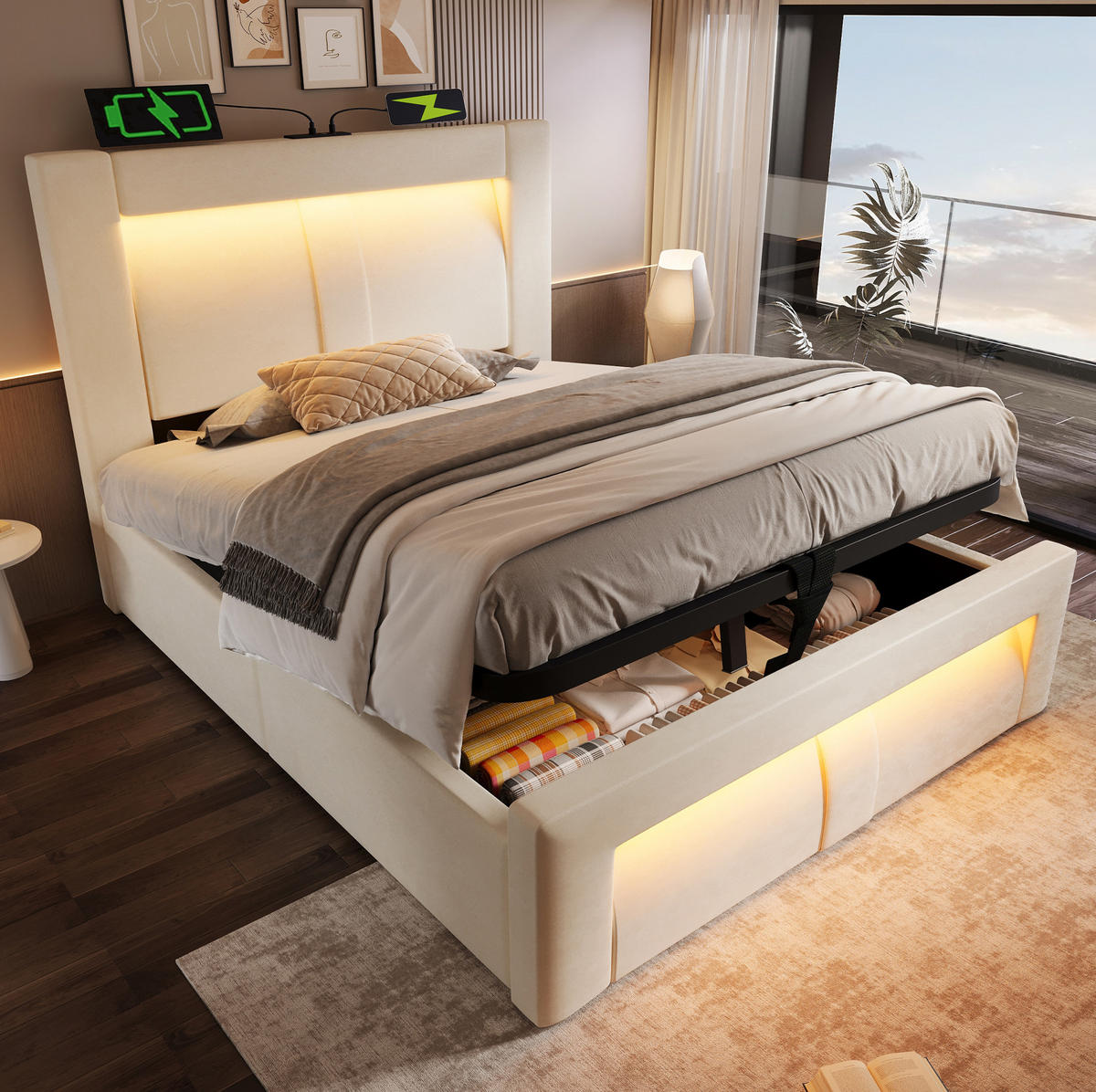 POLSTERBETT aus Samt 90x200 cm Beige mit Bettkasten, LED-Beleuchtung, USB- und USB-C-Anschlüssen, Matratze - Beige, Textil (90/200cm) - IVMEU