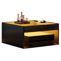 COUCHTISCH 70/70/35 cm mit 2 Schubladen, LED-Beleuchtung und Glasplatte, Schwarz - Schwarz, Holzwerkstoff (70/70/35cm) - Redom