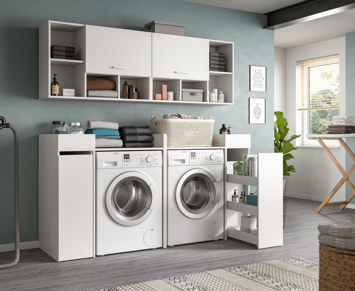 WASCHMASCHINENSCHRANK weiß Set 6-teilig 190 cm, Waschmaschinenumbau mit Stauraum - Silberfarben/Weiß, Glas/Holzwerkstoff (190/195/60cm) - Inn.Furn