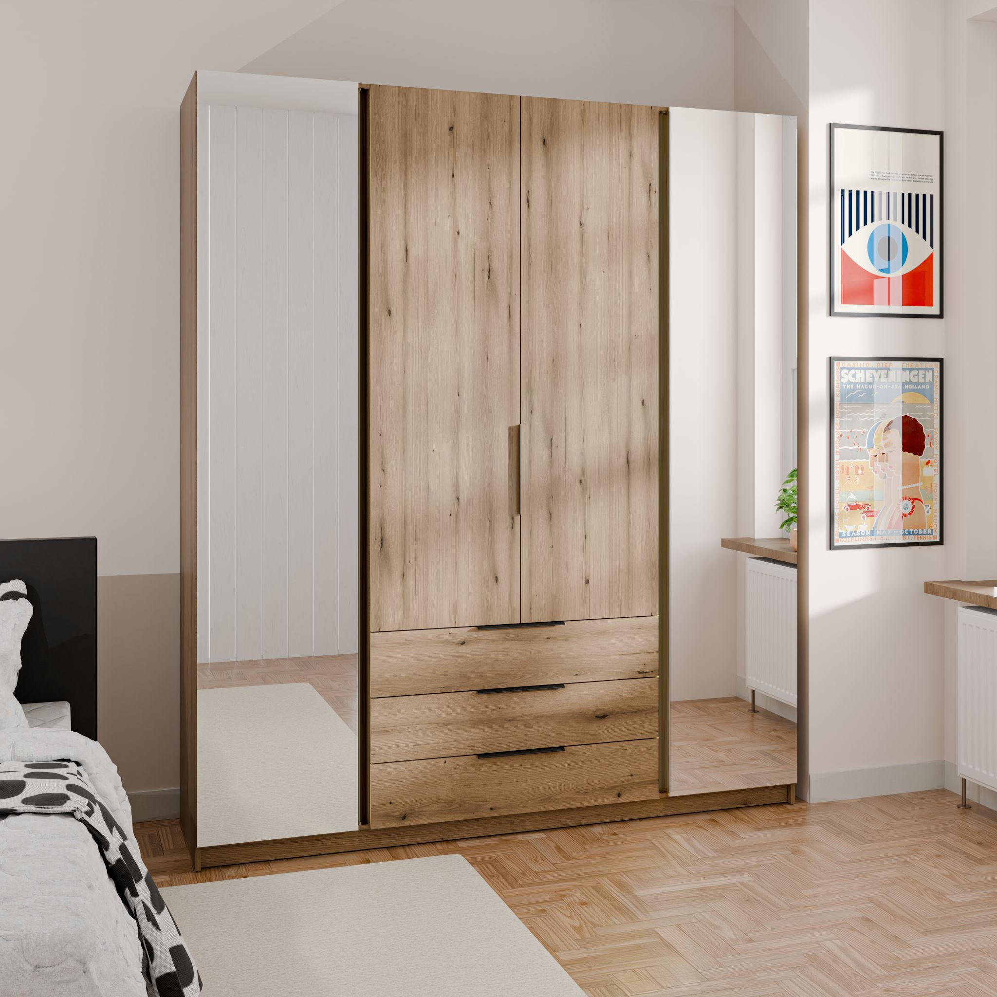 DREHTÜRENSCHRANK CAGLIARI 200/239/61,9cm 4-türig mit Spiegel Goldfarben - Goldfarben, Holzwerkstoff (200/239/61.9cm) - MASSENO