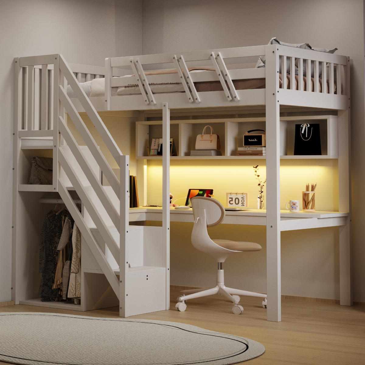 HOCHBETT Holz 90x200 cm Weiß mit Schreibtisch, Stauraumtreppe, LED und Steckdosen - Weiß, Holz (90/200cm) - Modfu