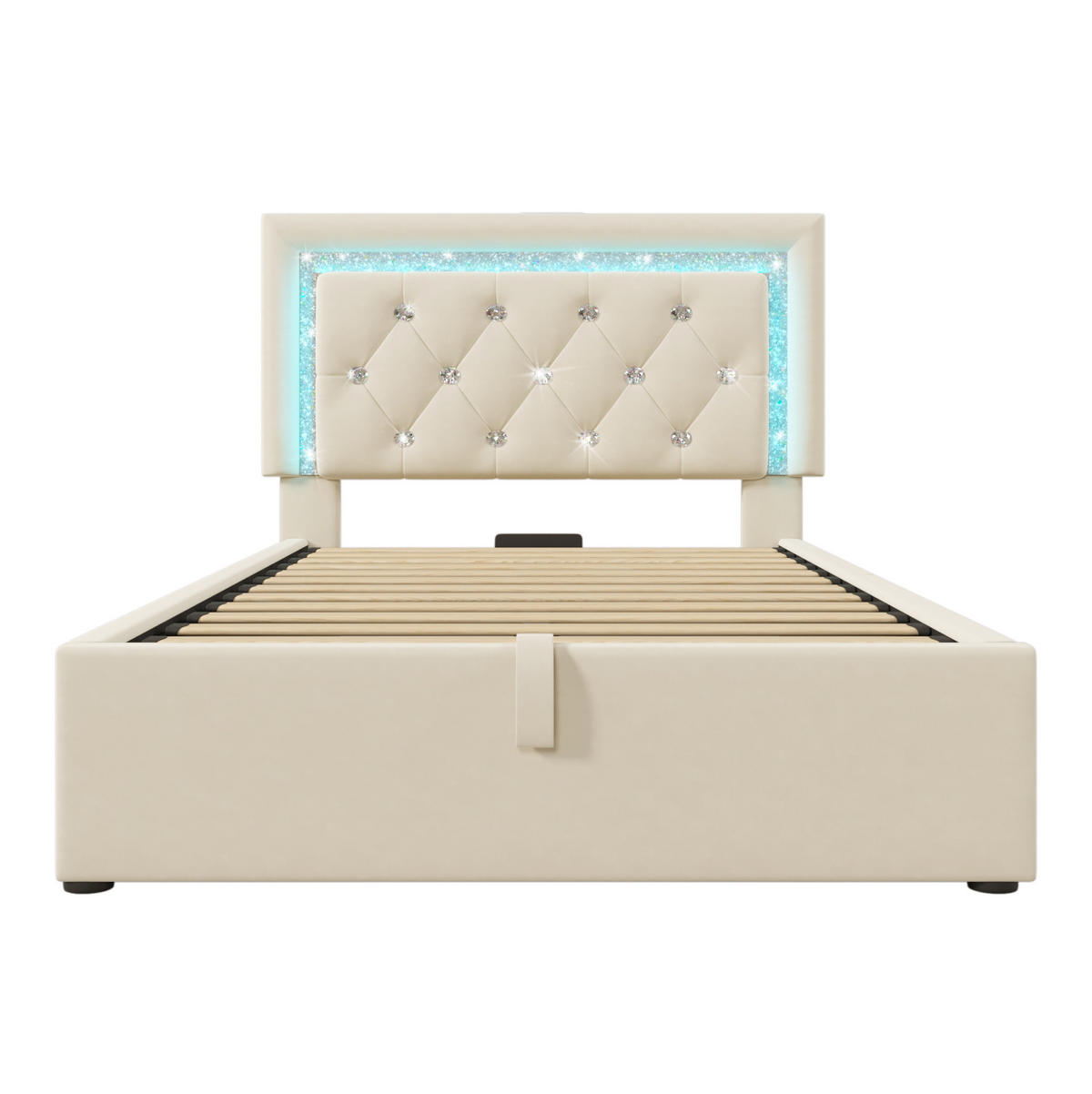 ČALÚNENÁ posteľ z velúru 90x200 cm béžová s LED osvetlením, USB a Type-C nabíjaním, úložným priestorom - béžová, textil (90/200cm) - Modfu