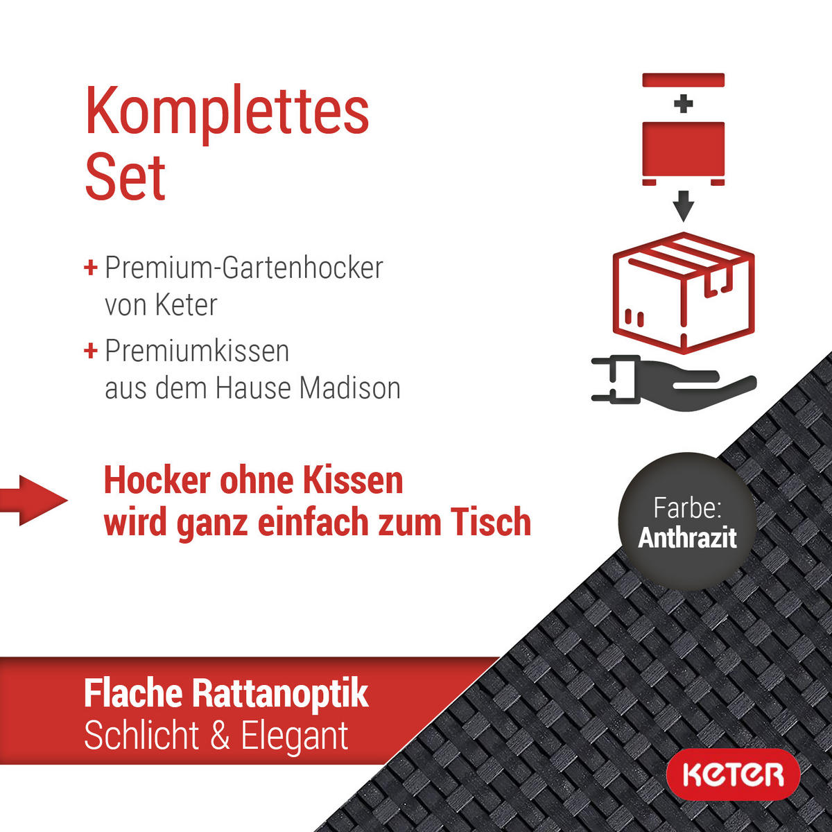 HOCKER Provence anthrazit mit Kissen in grau - Schwarz, Kunststoff (60/250/60cm) - Keter