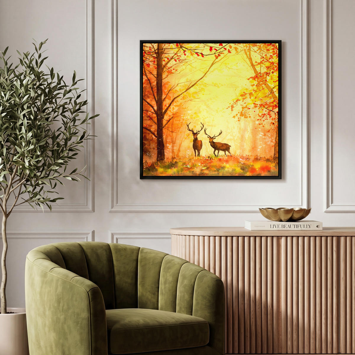 LEINWAND Bilder mit Rahmen - Natur - Ölfarbe - Hirsche - Tiere - Herbst - Orange - 50x50 - Orange, Textil (50/50cm) - MuchoWow
