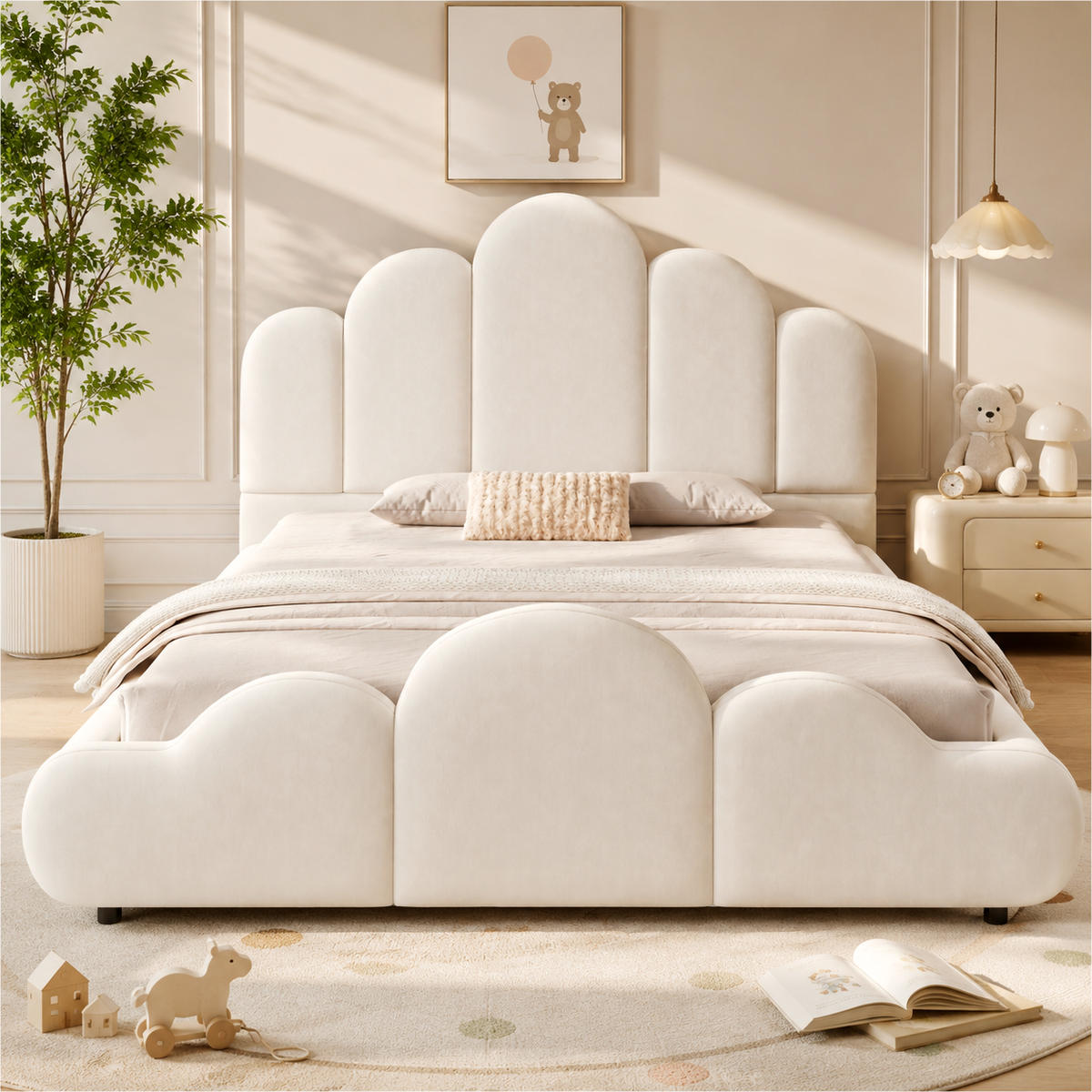 POLSTERBETT 140/200 cm in Beige mit Bettkasten, abgerundeten Ecken und wolkenförmigem Design aus Samt - Beige/Schwarz, Holzwerkstoff/Textil (140/200cm) - STILVORA