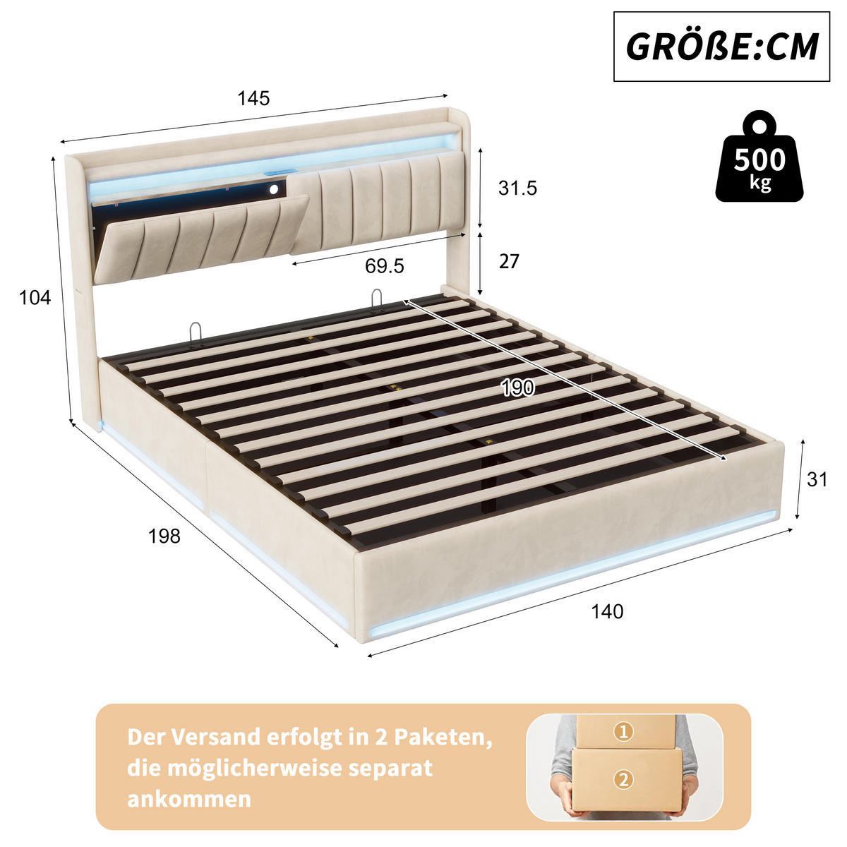 POLSTERBETT 140x190 cm Beige mit LED, USB- und USB-C, Stauraum & Bettkasten - Beige, Holz (140/190cm)