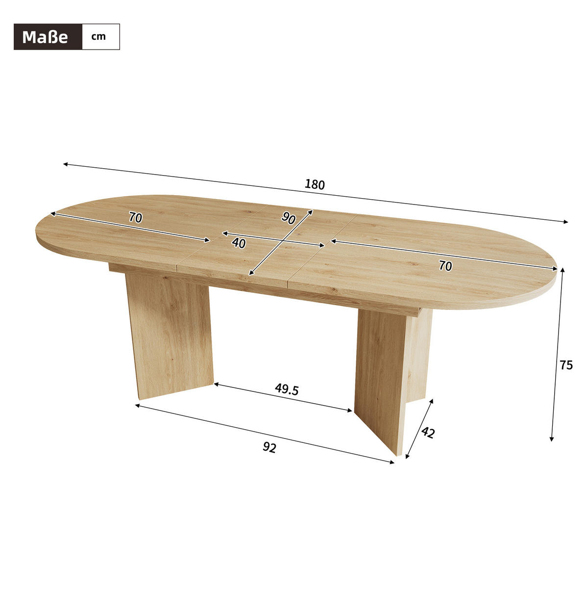 ESSTISCH ausziehbar in Eichefarben mit abgerundeten Ecken,180/90/75 cm - Eichefarben, Holzwerkstoff (180/90/75cm) - Flora Grace