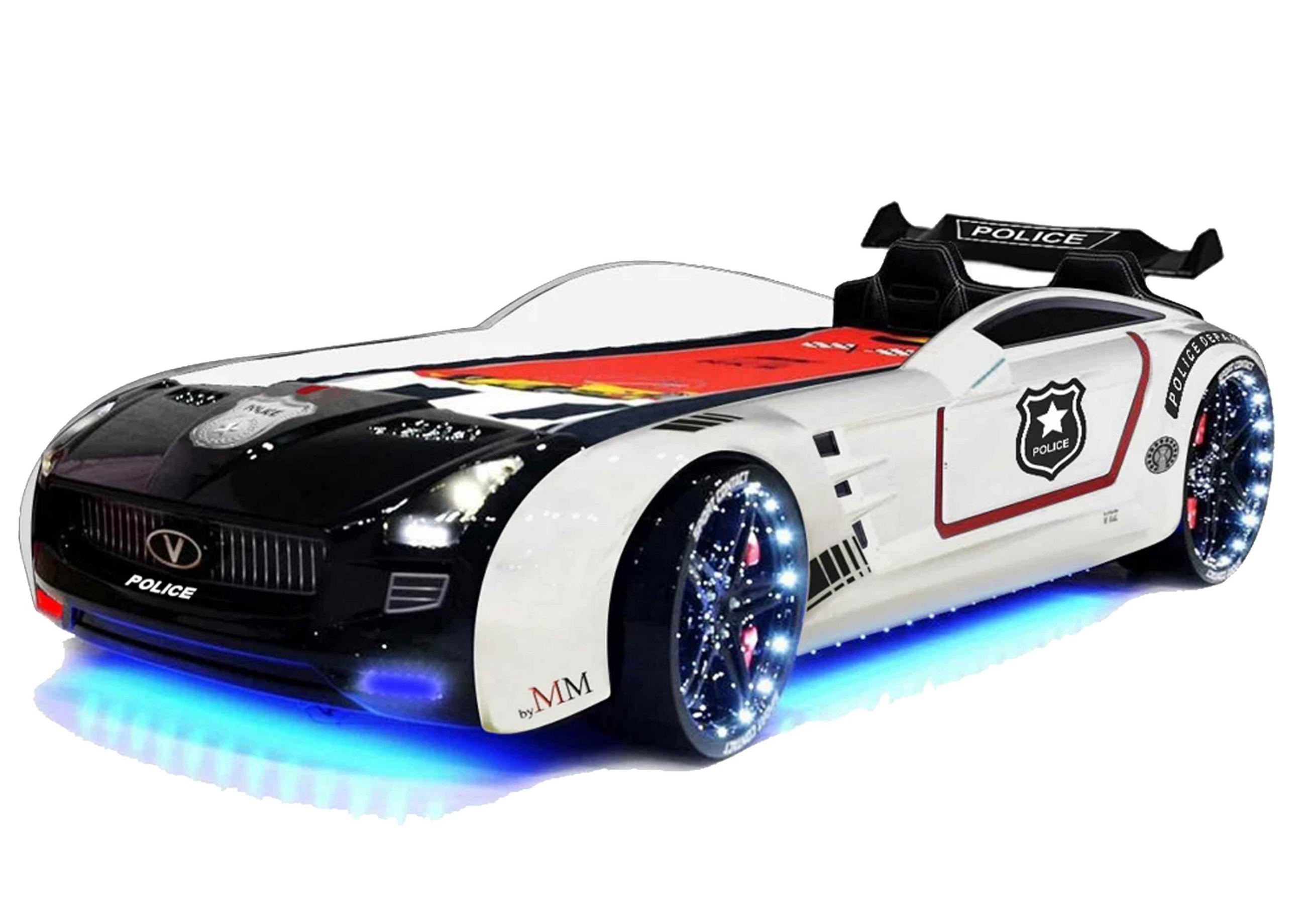 AUTOBETT Roadster Police Kinderbett LED Sound Sportsitze Lattenrost Spoiler - Schwarz/Weiß, Holzwerkstoff/Kunststoff (90/190cm) - Aileenstore