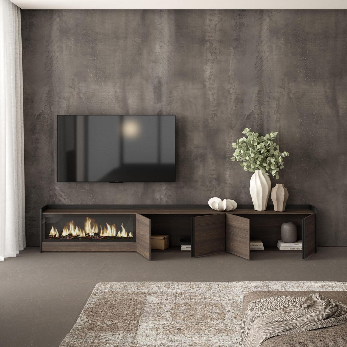 LOWBOARD, Dunkler Eiche und Schwarz, 315/35/50cm, Kamin mit Feuereffekt XXL - Dunkelbraun, Holzwerkstoff (315/50/35cm) - Skraut Home