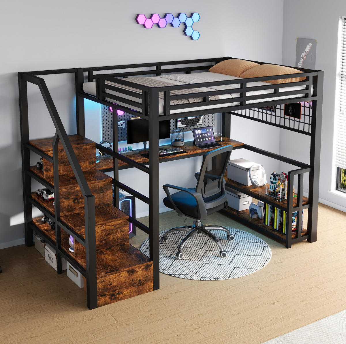 HOCHBETT 140/200 cm in Schwarz – mit Schreibtisch, Stauraumtreppe und LED - Schwarz, Metall (140/200cm) - BEAOK