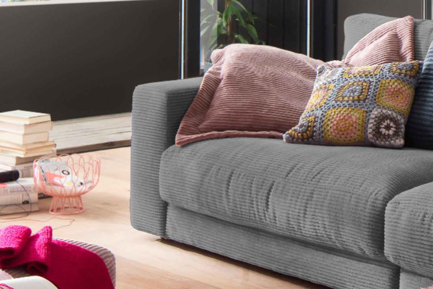 SOFA 3-SITZER MADELINE Grau Cord - Schwarz/Grau, Textil (290/85/127cm) - KAWOLA