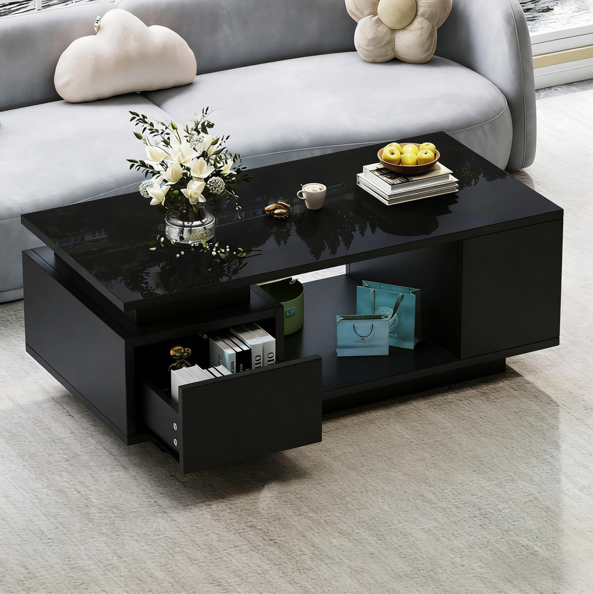 COUCHTISCH aus Spanplatte 100x50x36 cm in Schwarz mit LED-Beleuchtung - Schwarz, Holzwerkstoff (100/50/36cm) - Modfu