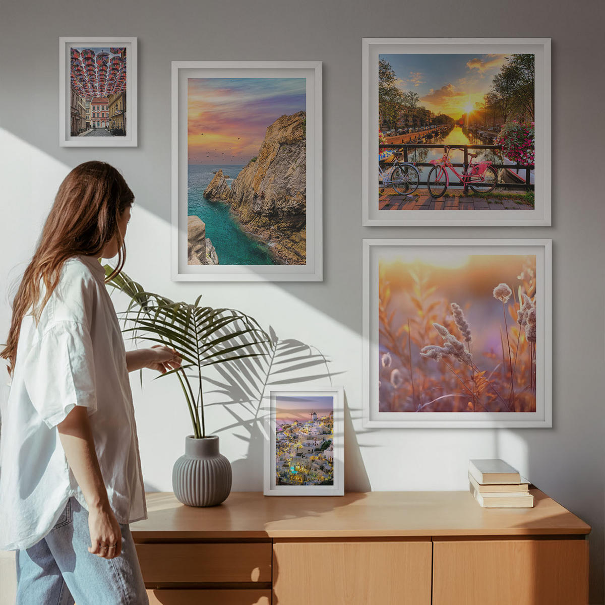 WANDBILDER 5er-Set - 50x50 cm & 20x30 cm & 40x60 cm Weißer Rahmen - Sonnenuntergänge am Meer - Weiß, Kunststoff (40/60cm) - ArtPrintCave