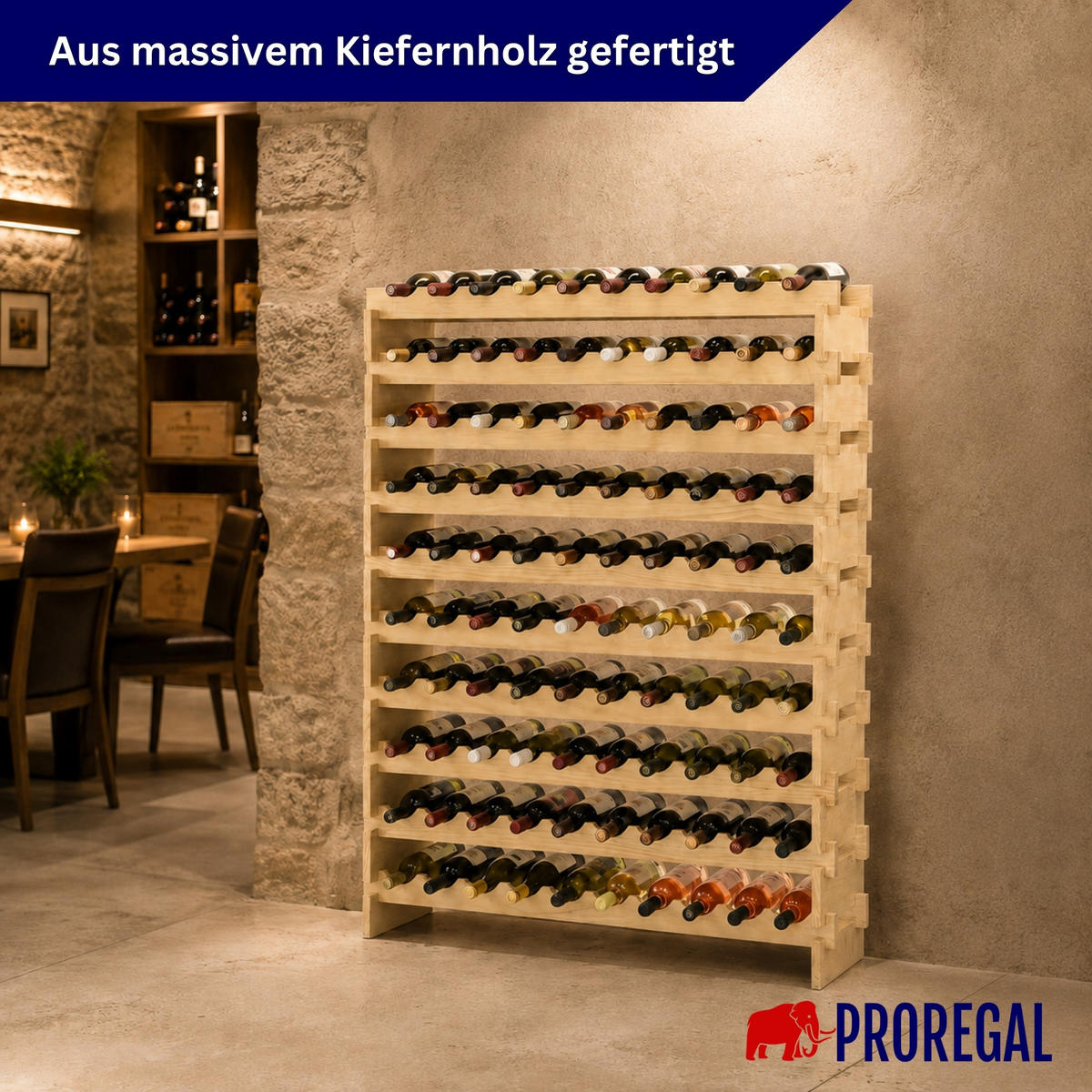 WEINREGAL NAVARRA aus Holz 135x103x28cm 100 Flaschen auf 10 Ebenen Natur unbehandelt - Naturfarben, Holz (103/135/28cm) - PROREGAL