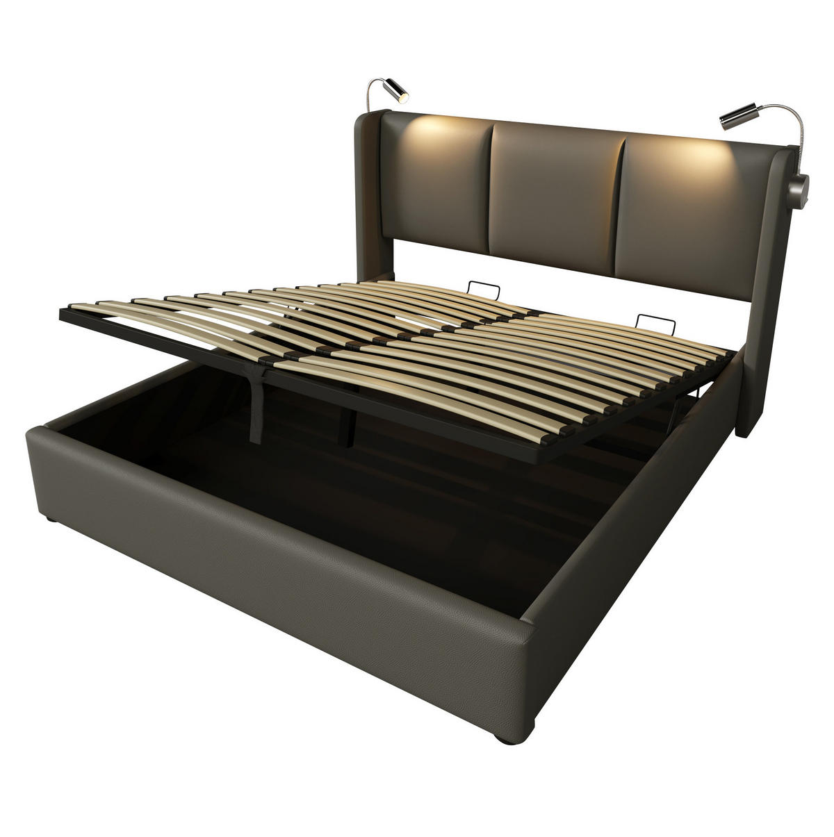 POLSTERBETT mit Bettkasten 140x200 cm PU Grau mit Leselicht & USB - Grau, Metall (140/200cm) - Meubliv