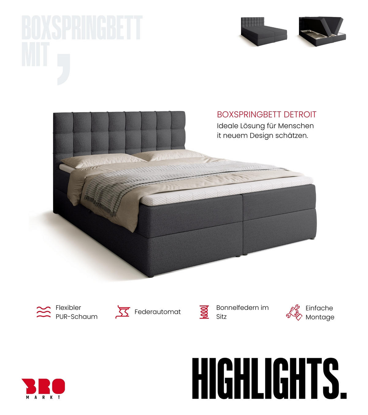BOXBETT Detroit mit Topper 180/200 Dunkelgrau - Dunkelgrau, Textil (180/200cm) - Bromarkt