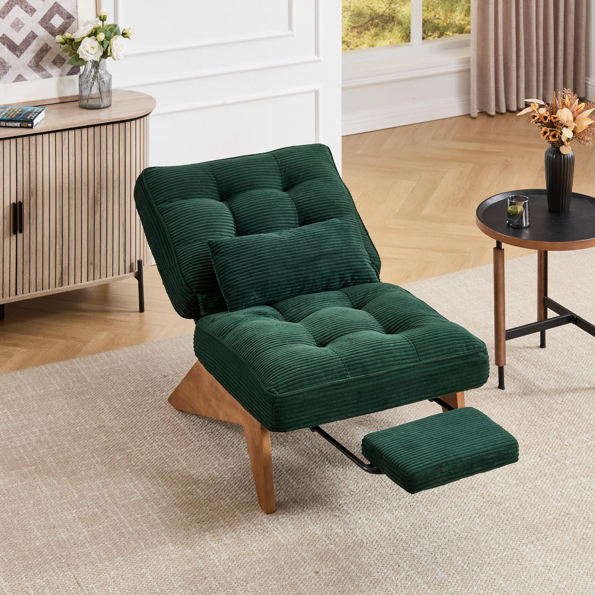 SCHAUKELSTUHL Smaragd Cord mit Fußstütze, Lendenkissen und Holzbeinen - Smaragdgrün, Textil (73/90/127cm) - Oxeza