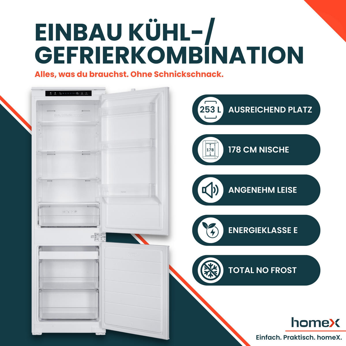 KÜHL-GEFRIER-KOMBINATION CFBN2531E, Einbaugerät, No Frost, 178cm hoch, 253 Liter, Schlepptürtechnik, Einbaukühlschrank mit Gefrierfach, 37 dB - Weiß, Glas/Kunststoff (54/178.6/54cm) - homeX