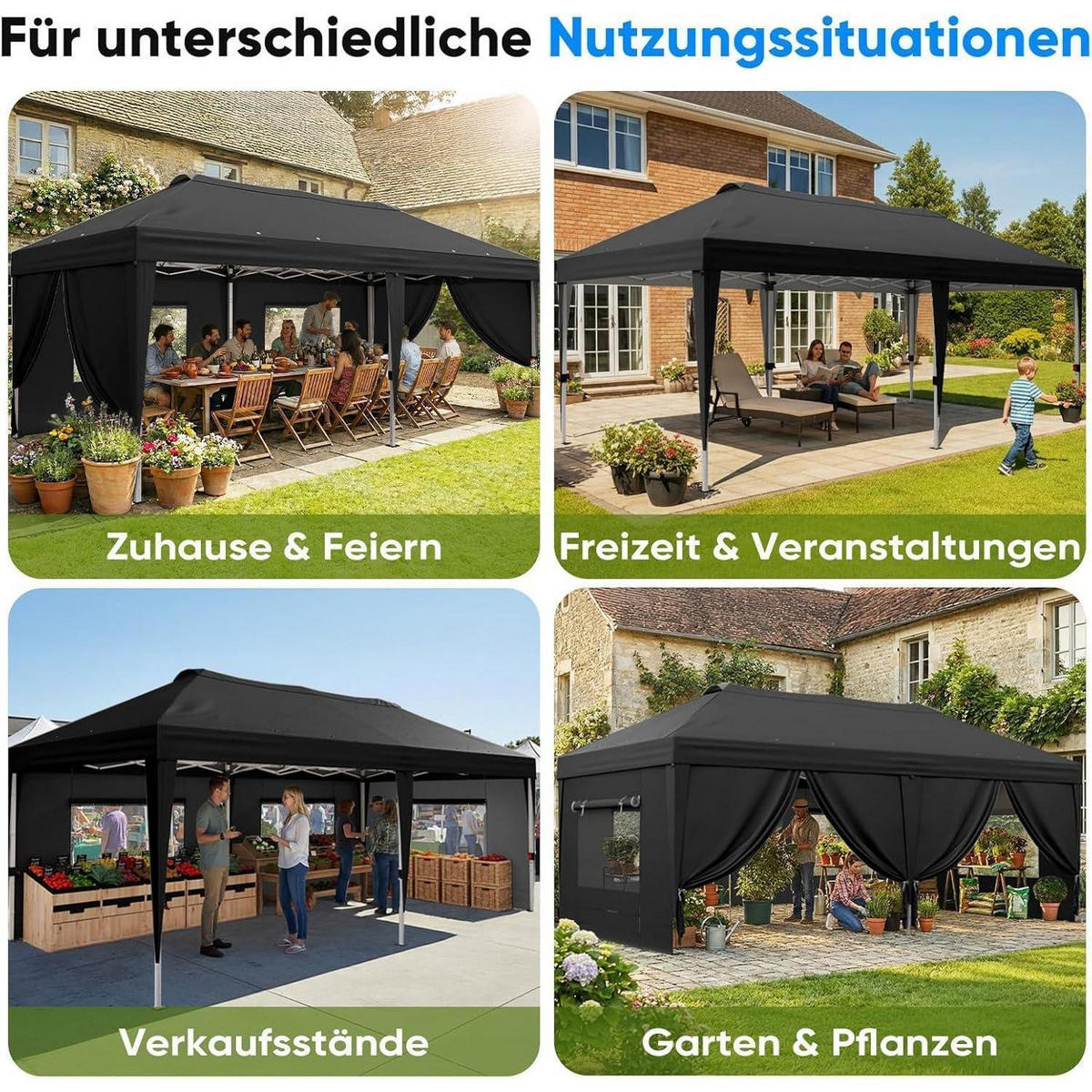 FALTPAVILLON 3x6m mit Seitenwänden und Insektenschutz schwarz - Schwarz, Textil (585/285/293cm)