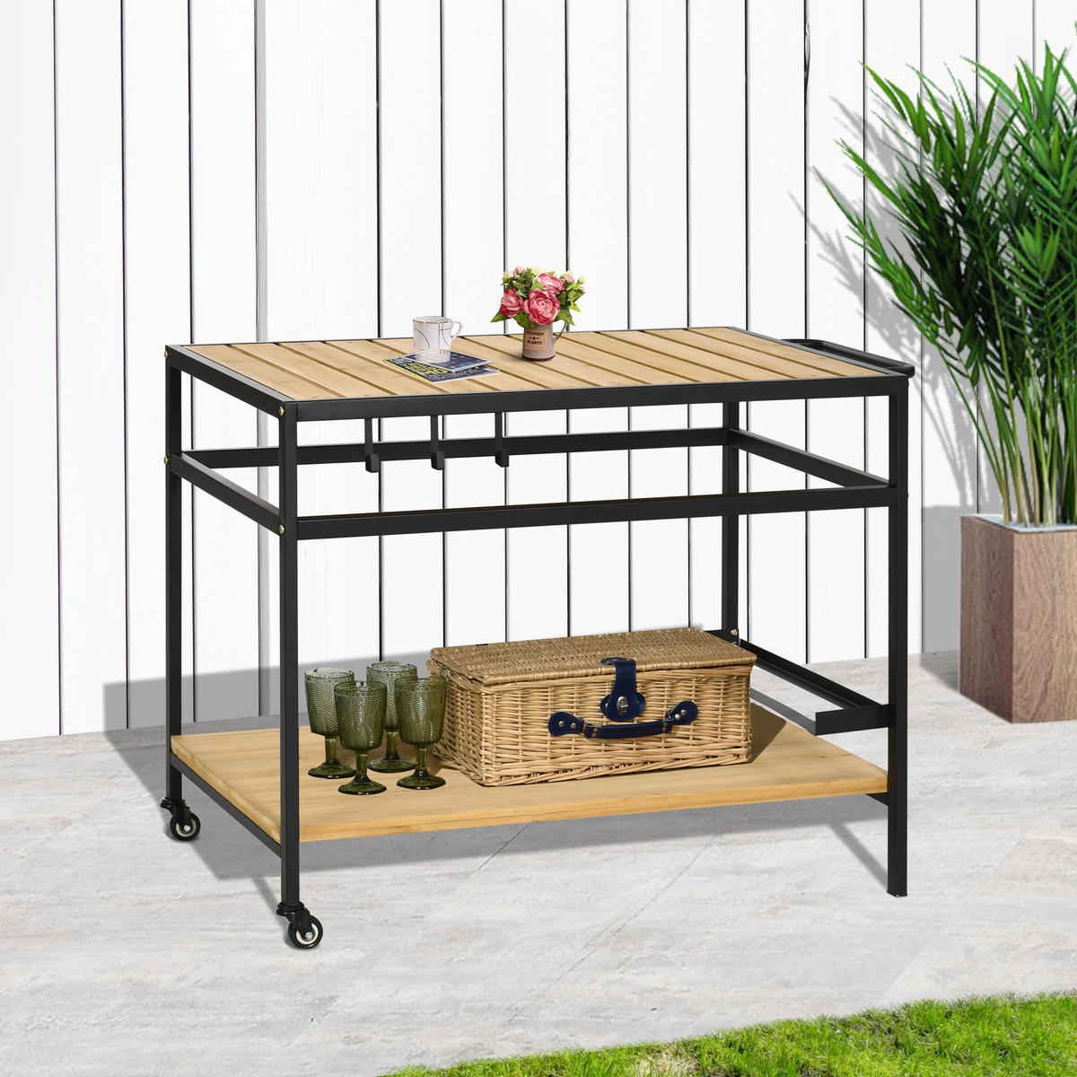 SERVIERWAGEN, Gartenrollwagen mit 2 Regalen, Haken, Rollen, Stahl, Tannenholz, Natur - Fichtefarben, Holz/Metall (65/80/107cm) - Outsunny