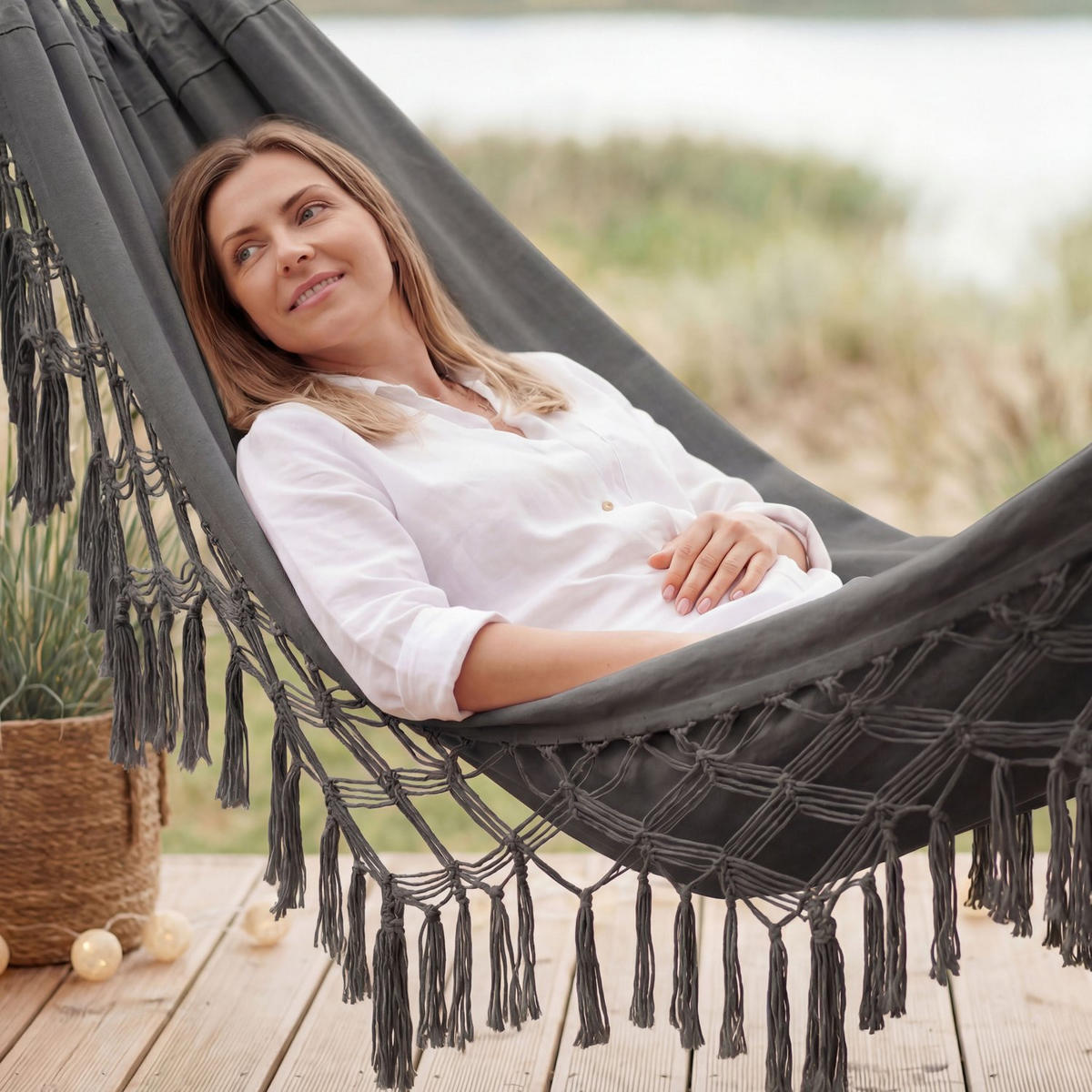 HÄNGEMATTE 200/150 cm, bis 200 kg - Dunkelgrau, Textil (150/1/200cm) - Outtec