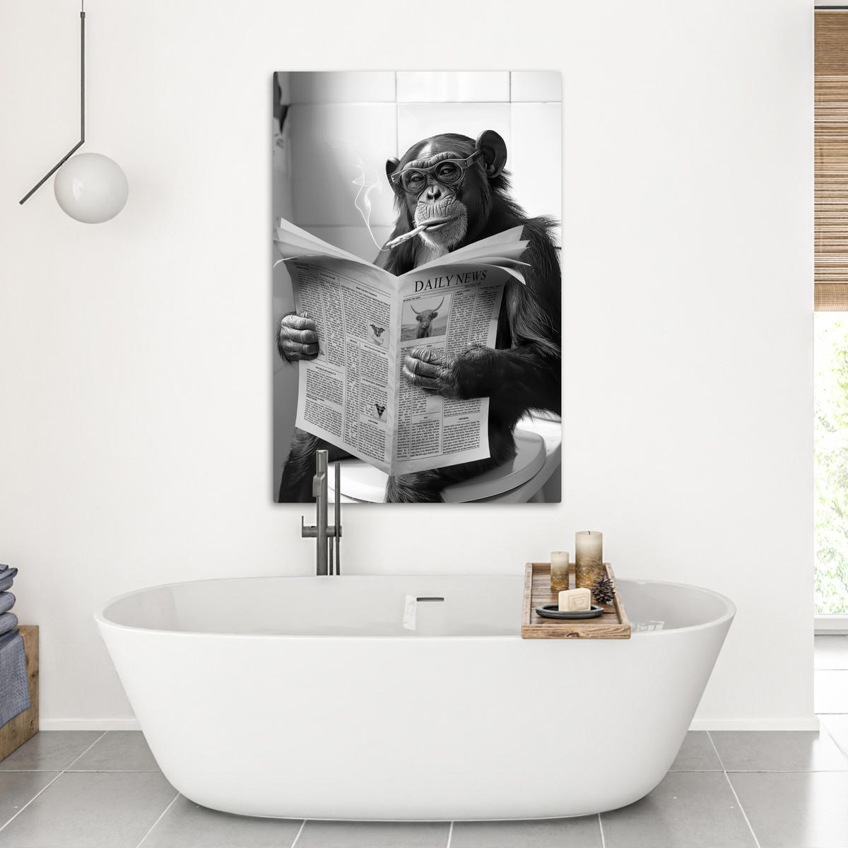 LEINWANDBILD Affe - WC - Zeitung - Schwarz-Weiß - Humor 80x120 cm - Hellgrau, Textil (80/120cm) - MuchoWow
