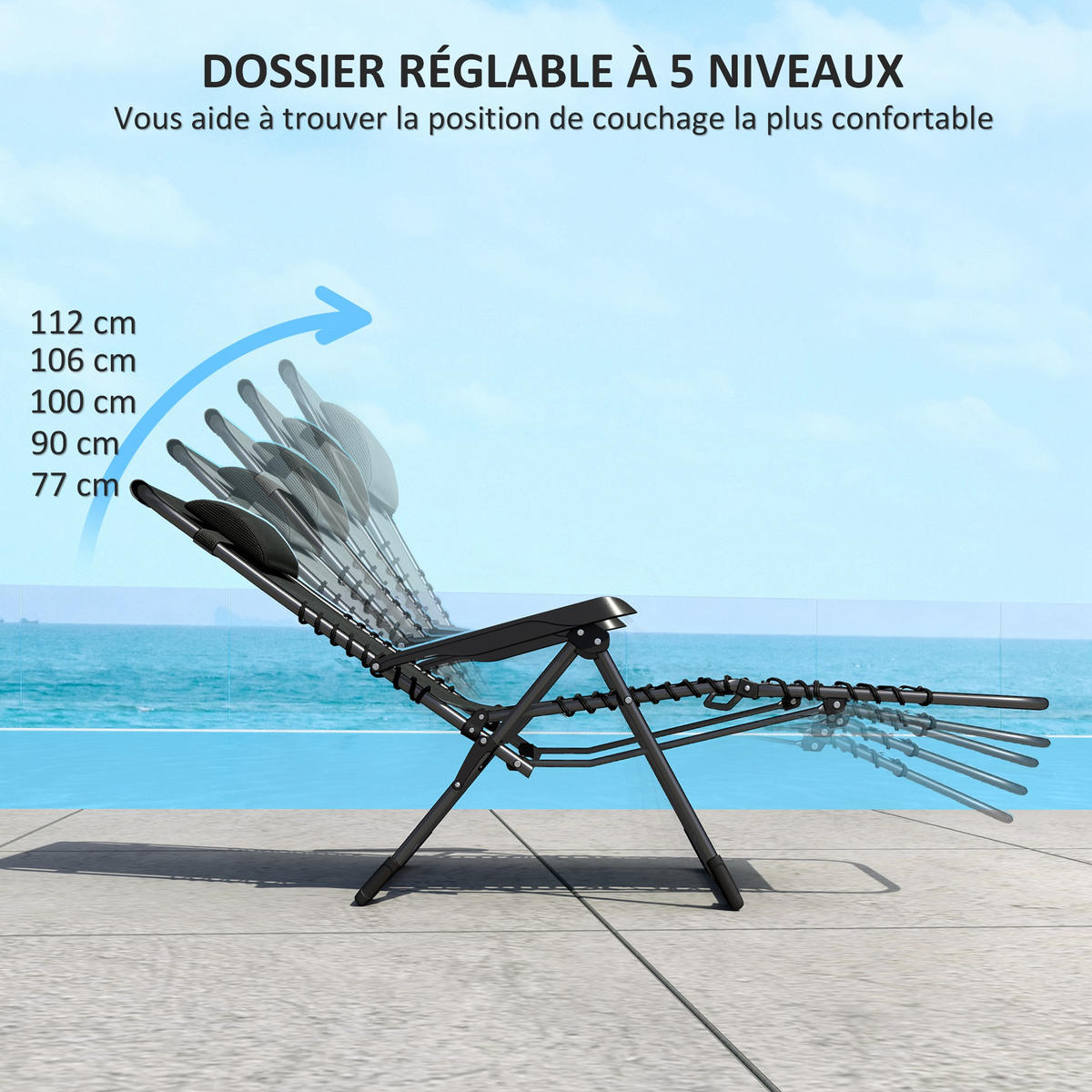 SONNENLIEGE DE-15655 2er-Set, 5-fach verstellbar mit Kopfkissen Schwarz - Schwarz, Metall (65/112/90cm) - ComfortXL