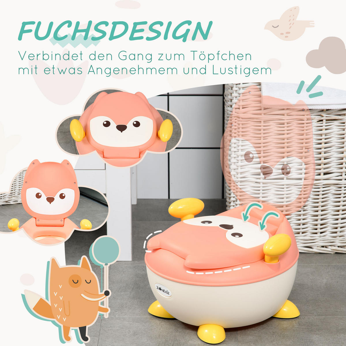 KINDERTOILETTE, Kunststoff, Rosa/Weiß/Gelb, 34,5L x 35B x 23H cm - Rosa, Kunststoff (35/23/34.5cm) - ZONEKIZ