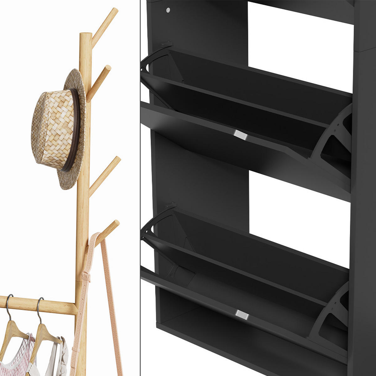 SCHUHSCHRANK Ivo Schwarz 90 x 181.5 cm mit 3 Fächern, 1 Schublade - Schwarz, Holzwerkstoff (90/181.5/30cm) - Vicco