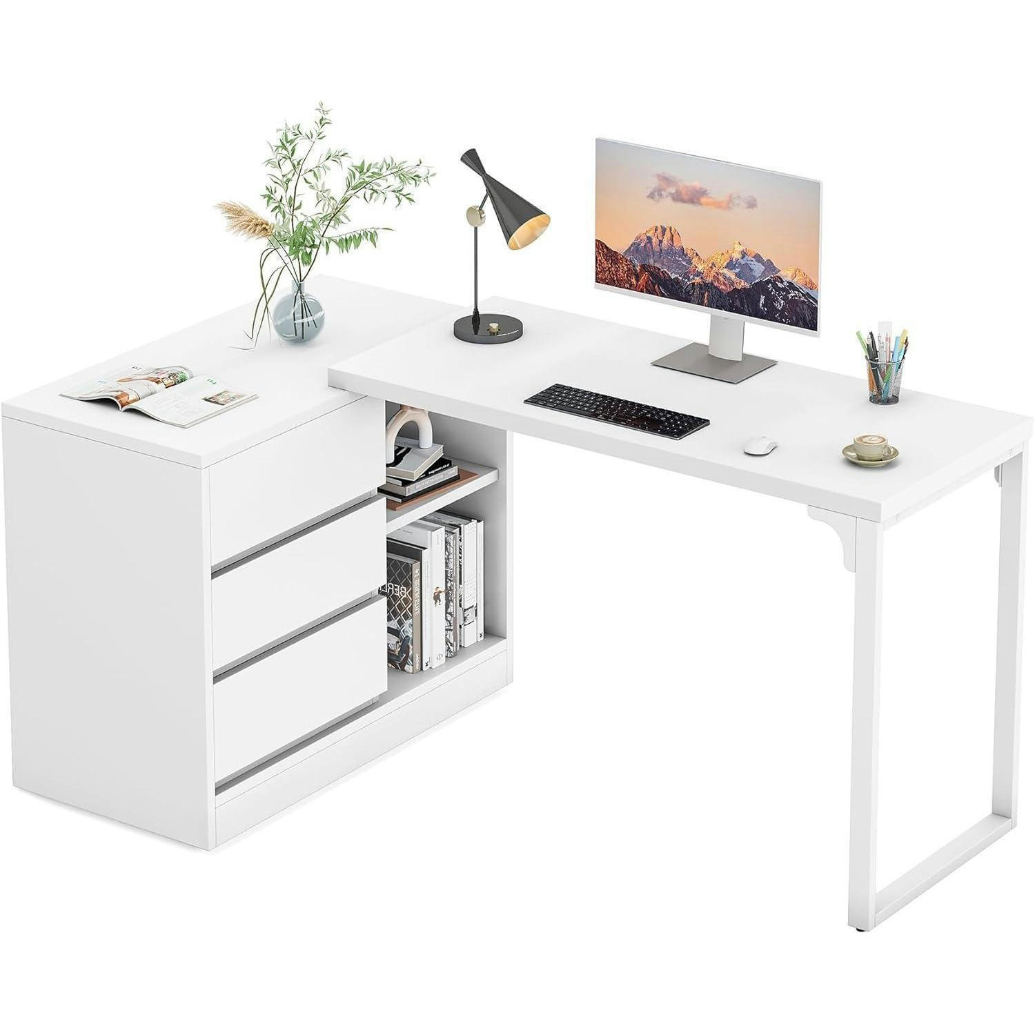 SCHREIBTISCH L-förmig mit Schubladen und Regalen weiß wendbar - Weiß, Holzwerkstoff (45/100/75cm)