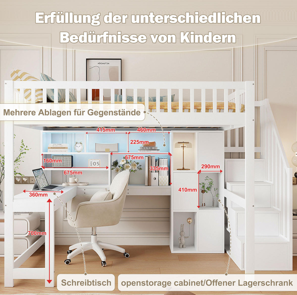 HOCHBETT 140/200 cm mit LED-Beleuchtung, Ablageleiter, Regalen und Schreibtisch, Weiß - Weiß, Holz (140/200cm) - Redom