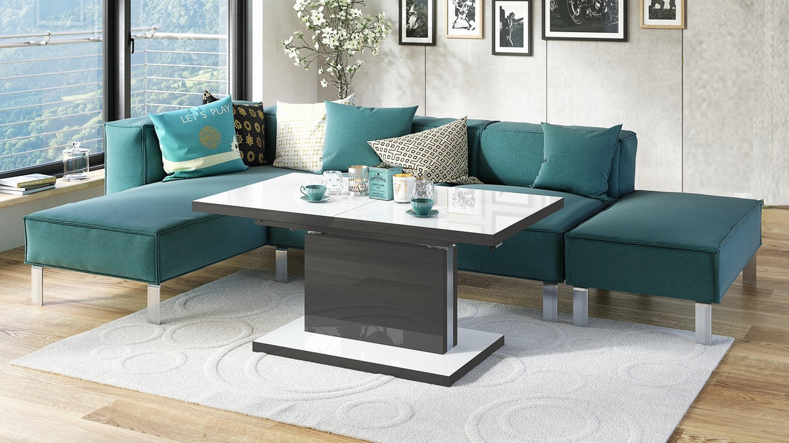 COUCHTISCH rechteckig Weiß Hochglanz - Anthrazit Hochglanz ausziehbar höhenverstellbar - Weiß Hochglanz/Anthrazit, Holzwerkstoff (70/120/56cm) - designimpex