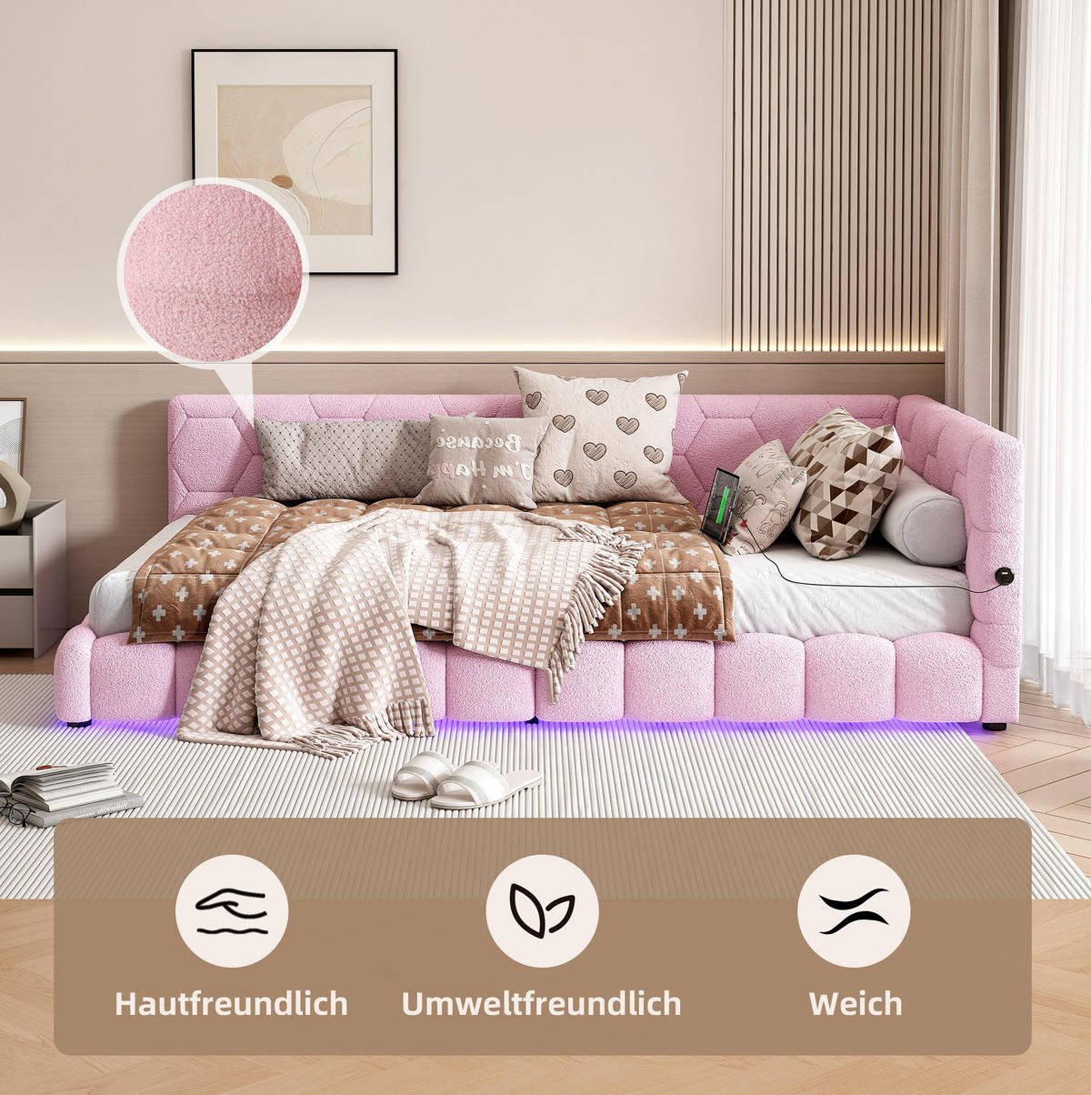 TAGESBETT 90/200 cm mit LED-Beleuchtung, USB- und Typ-C-Anschluss, Vliesimitat, Rosa - Rosa, Textil (90/200cm) - Redom