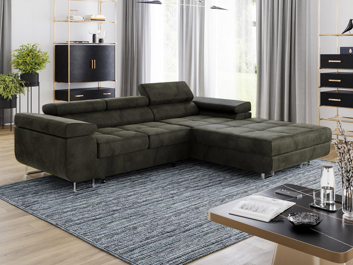 ECKSOFA VEMO CORE Rechts Schwarz Velours-Stoff mit Schlaffunktion und Bettkasten - Schwarz, Holz/Metall (280/205cm) - Barchello