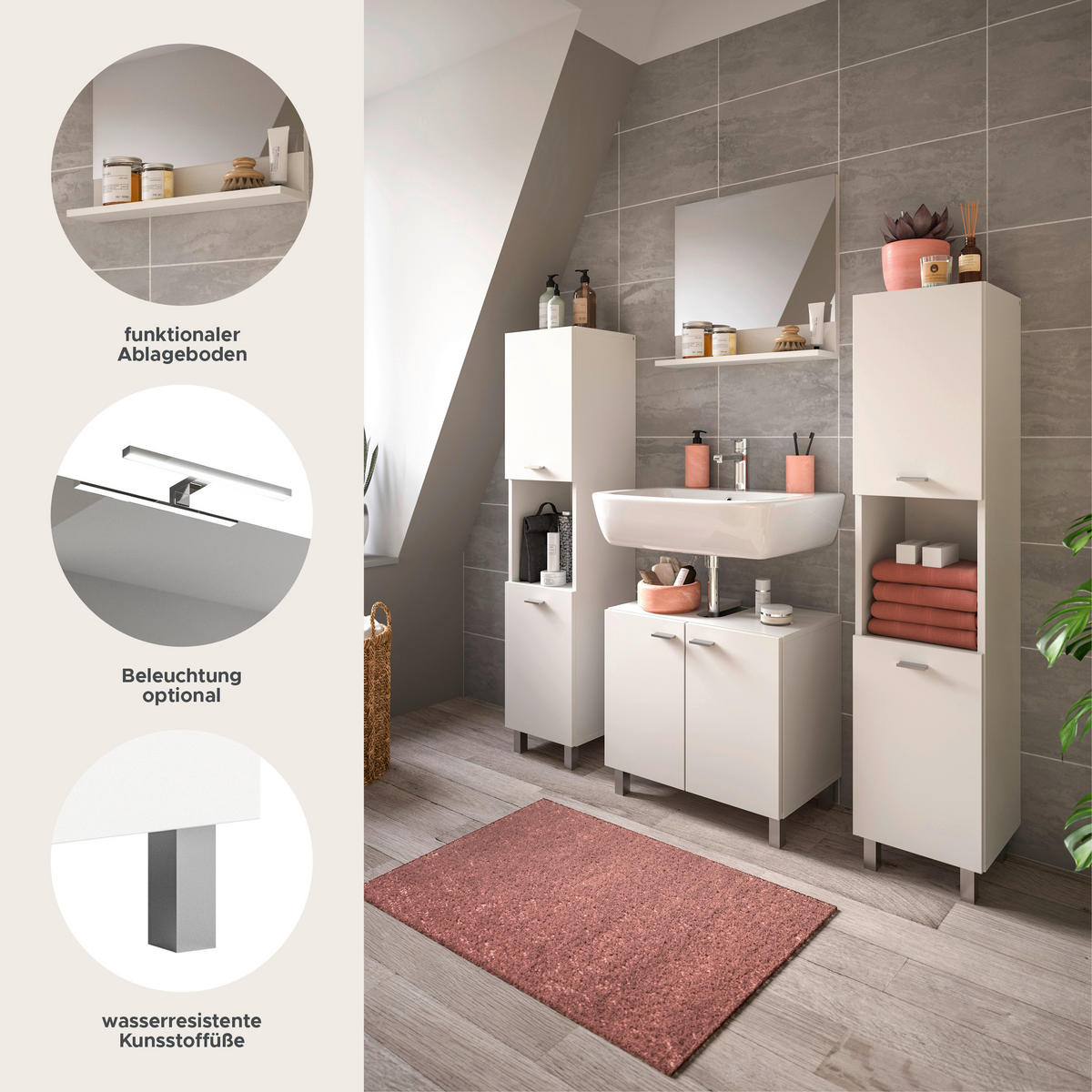 BADKOMBINATION 4tlg. Boston/Tampa Bad in weiß Nachbildung - modernes Design - B/H/T: 137x186x33 cm - Weiß, Holzwerkstoff (137/186/33cm)