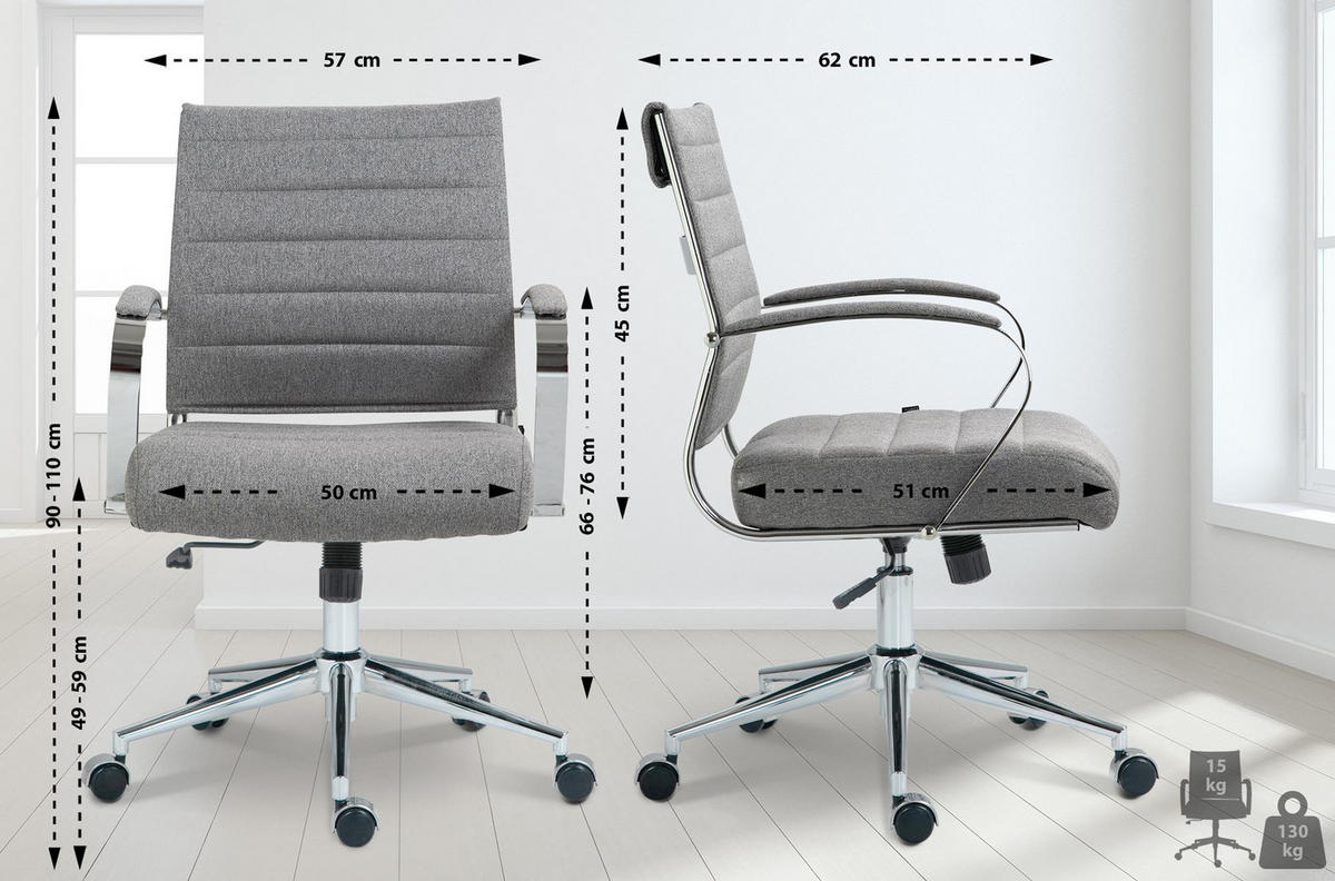 BÜROSTUHL Rynex Stoff grau - Chromfarben/Grau, Textil/Metall (57/100/62cm) - TPFLiving
