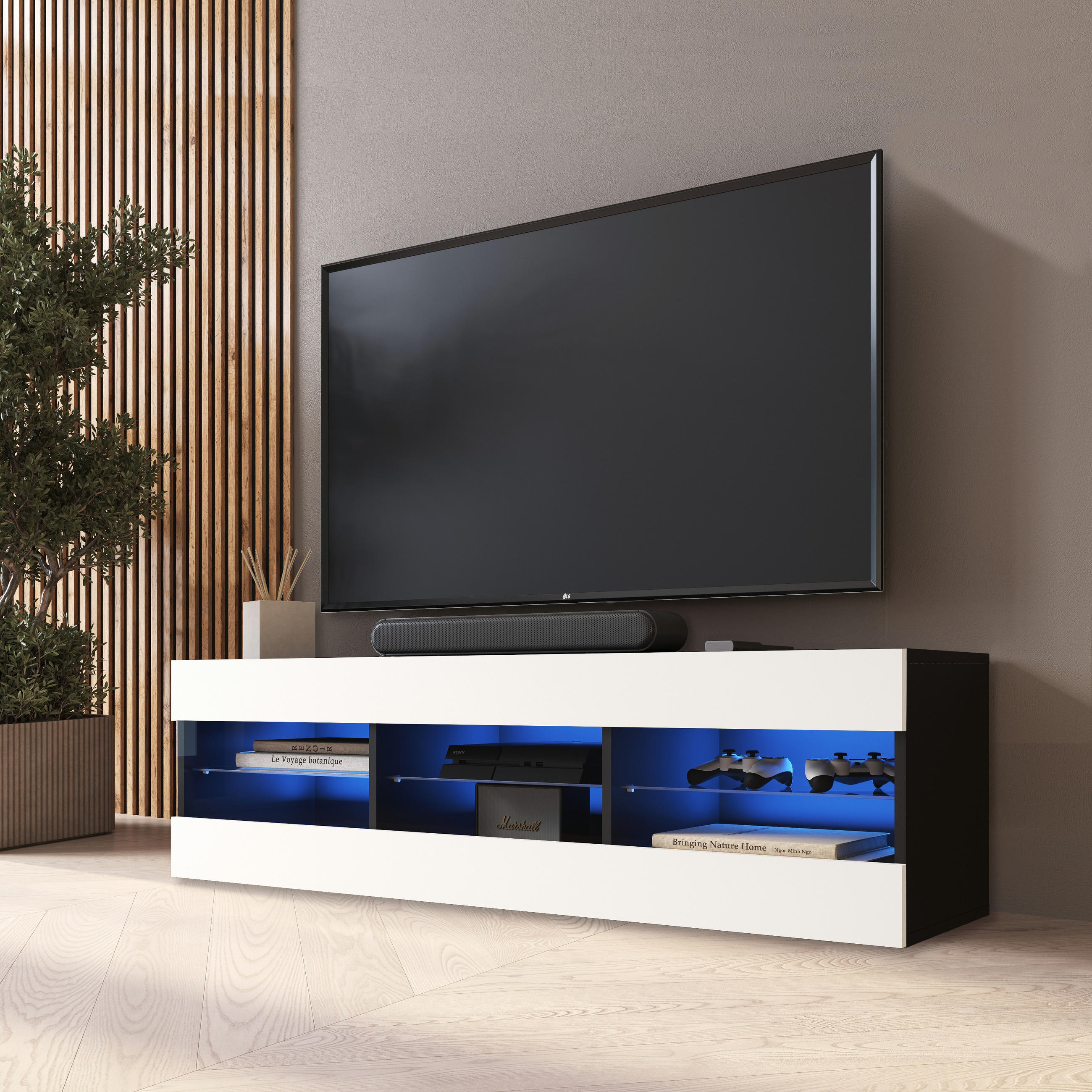 LOWBOARD TIVOLI RTV 140, Weiss, LED Blau - Schwarz/Weiß, Glas/Holzwerkstoff (140/40.5/35.5cm) - Komodee