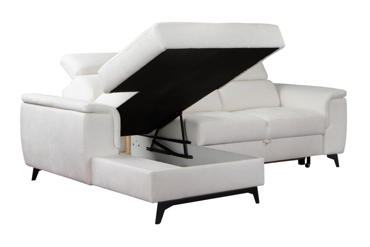 ECKSOFA VOLA Weiß Velours-Stoff mit Schlaffunktion - Weiß, Holz (270/175cm) - MASSENO