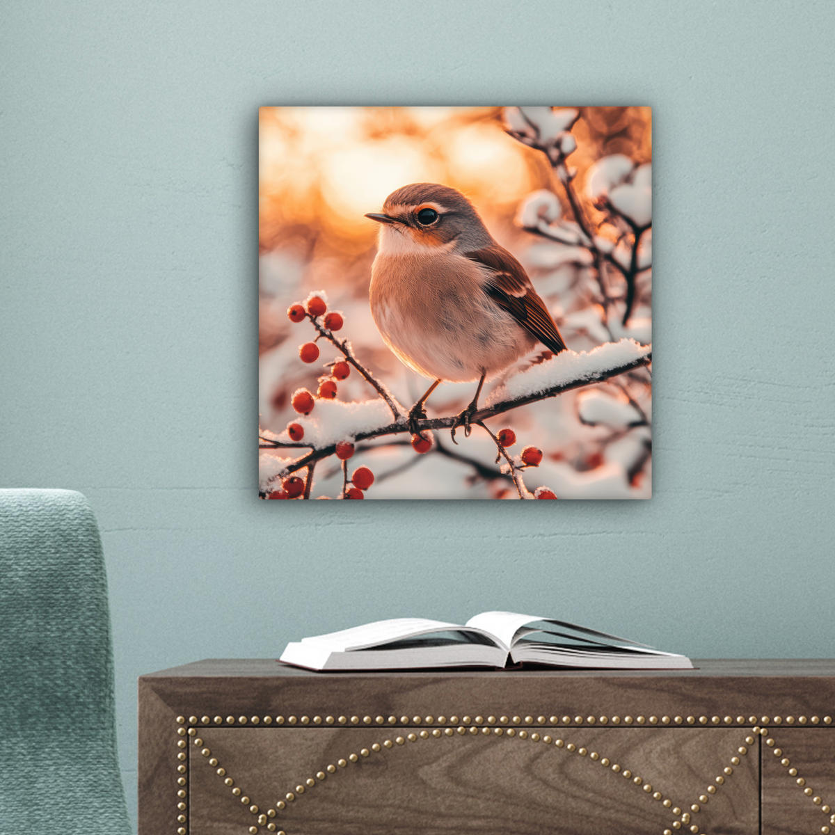 LEINWANDBILD Vogel - Zweig - Winter - Tiere - Schnee Deko Wohnzimmer 20x20 cm - Bernsteinfarben, Textil (20/20cm) - MuchoWow