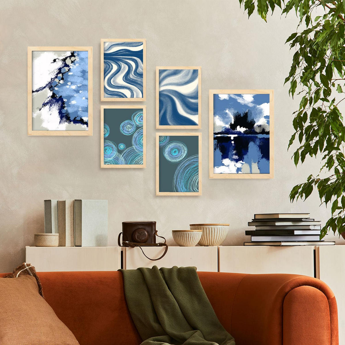 POSTER Set Mit 6 Blau Alte Koffer In Kulissen Abstracts Ästhetische Dekorative Gemälde Für Ihr Wohnzimmer Zuhause A3 & A4 Rahmen Aus Hellem Holz - Beige, Papier (29/3cm) - Nacnic