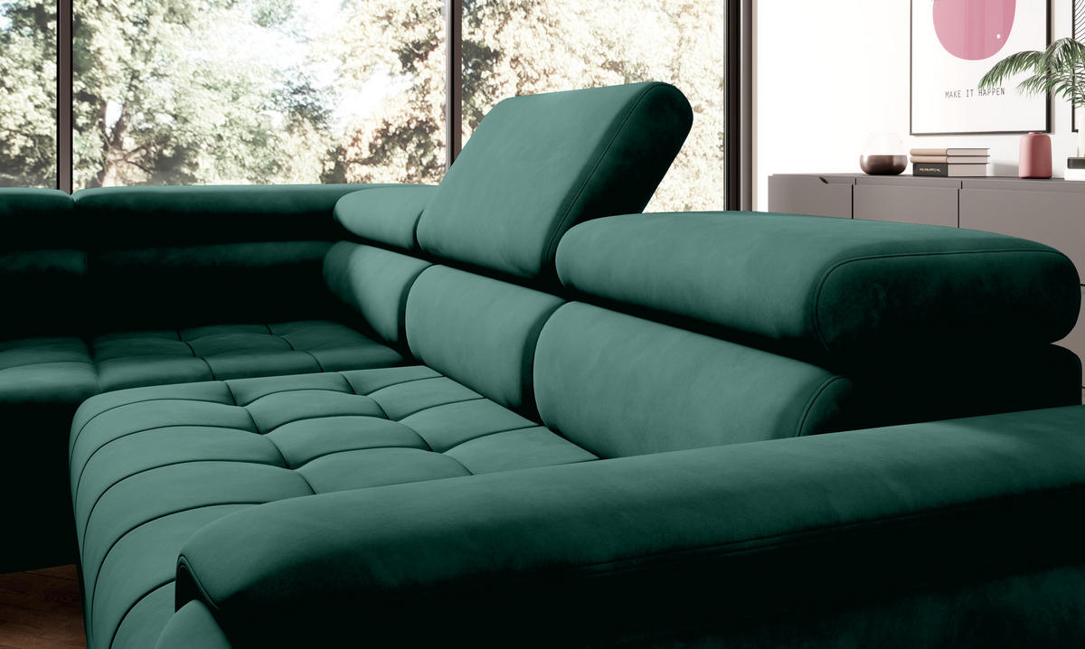 ECKSOFA CHIVAS Freistehend , Schlaffunktion, 278×197×76/98 cm, Stoff - Element, Flaschengrün, Rechts Seite - Dunkelgrün/Schwarz, Holz/Textil (197/278cm) - DomoHome