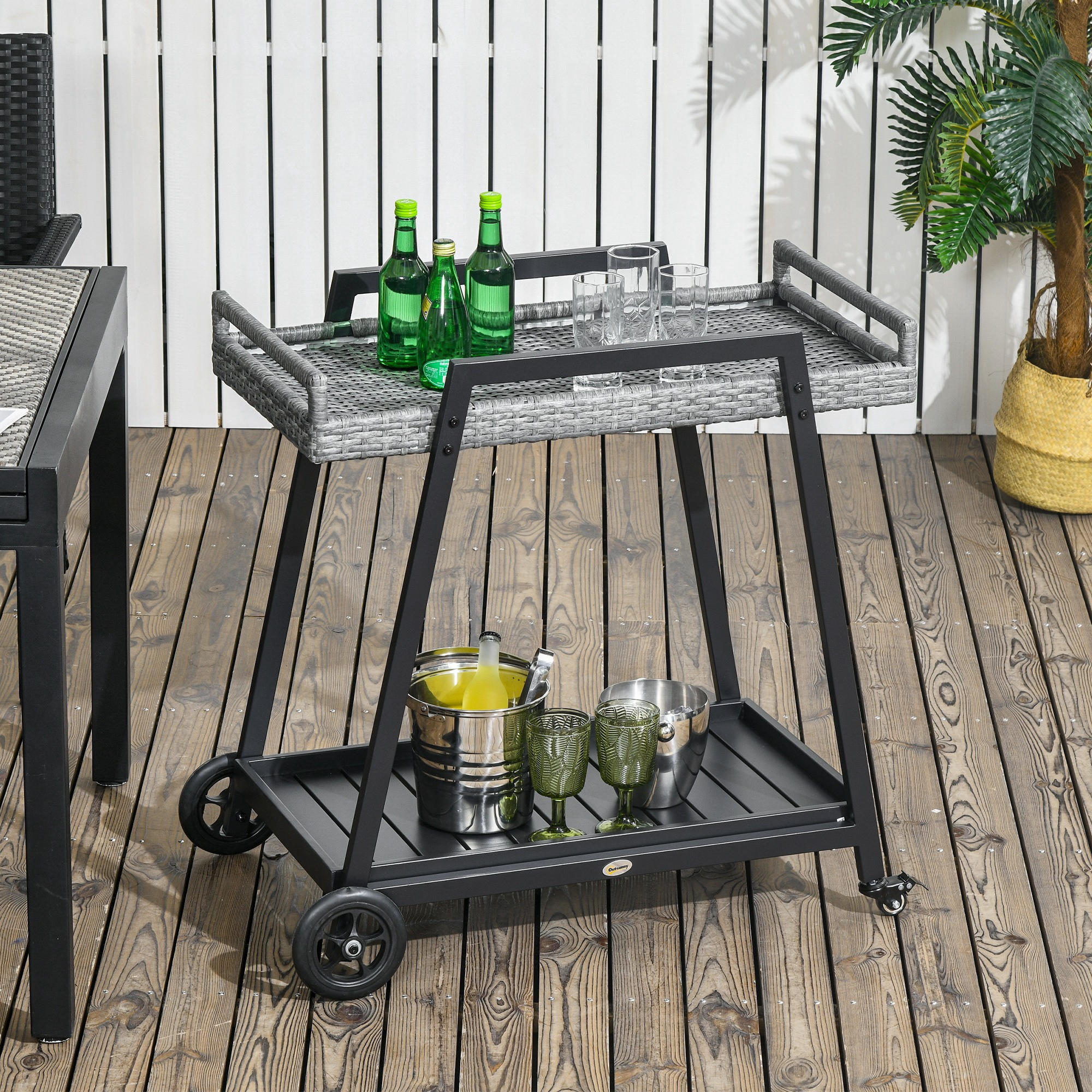 RATTAN Servierwagen Trolley mit Ablage, für Balkon, Stahl, Grau - Grau, Metall (52/82/79cm) - Outsunny