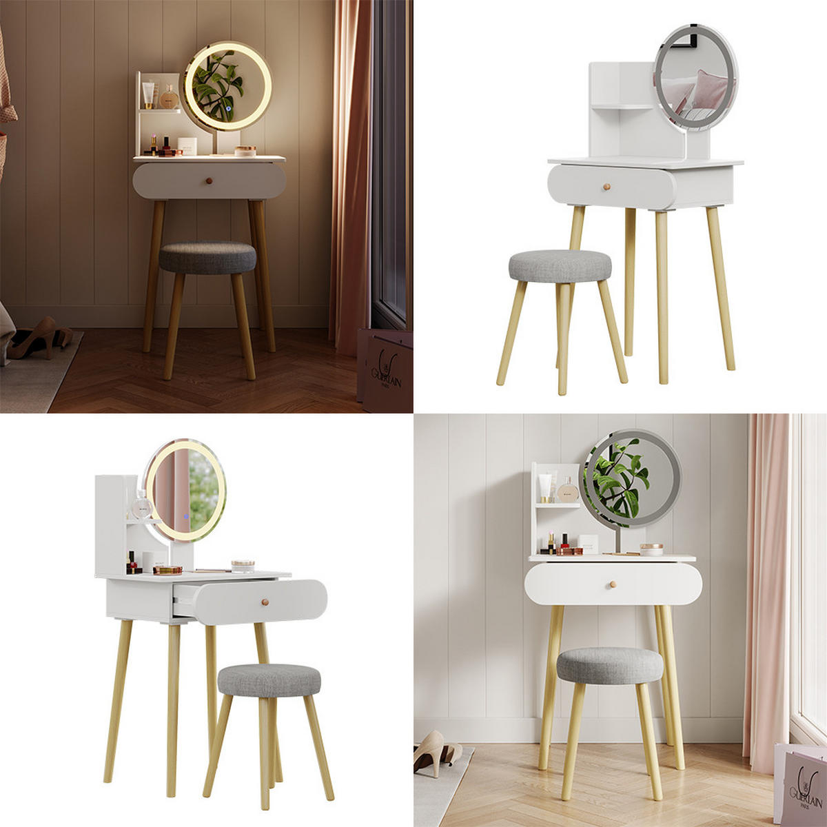 SCHMINKTISCH Edda Weiß 60 cm mit LED-Spiegel und Hocker - Weiß, Holzwerkstoff (60/127/40cm) - Vicco