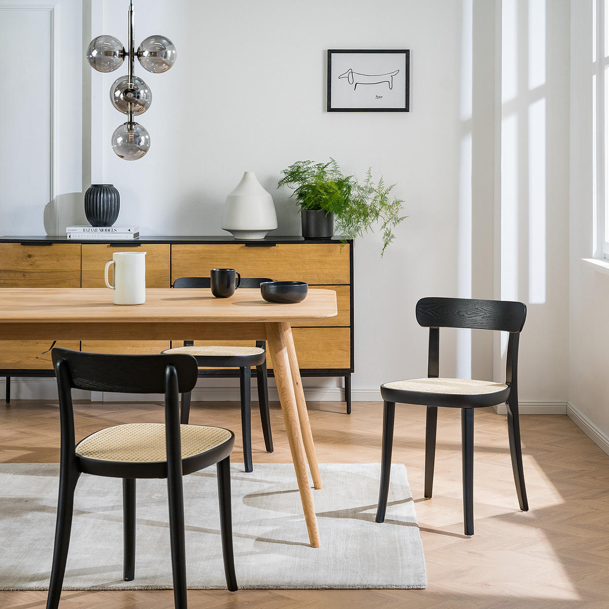 ESSZIMMERSTUHL - Polywood & Rattan / Buche massiv, 2er-Set - Schwarz, Holzwerkstoff (46/75/45cm) - home24