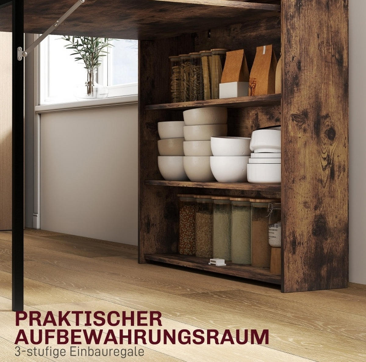 ESSTISCH 80/90/93 cm klappbar mit 3 Regalfächern im Industrial-Stil, Rustikalbraun - Braun, Holz (90/80/93cm) - Redom
