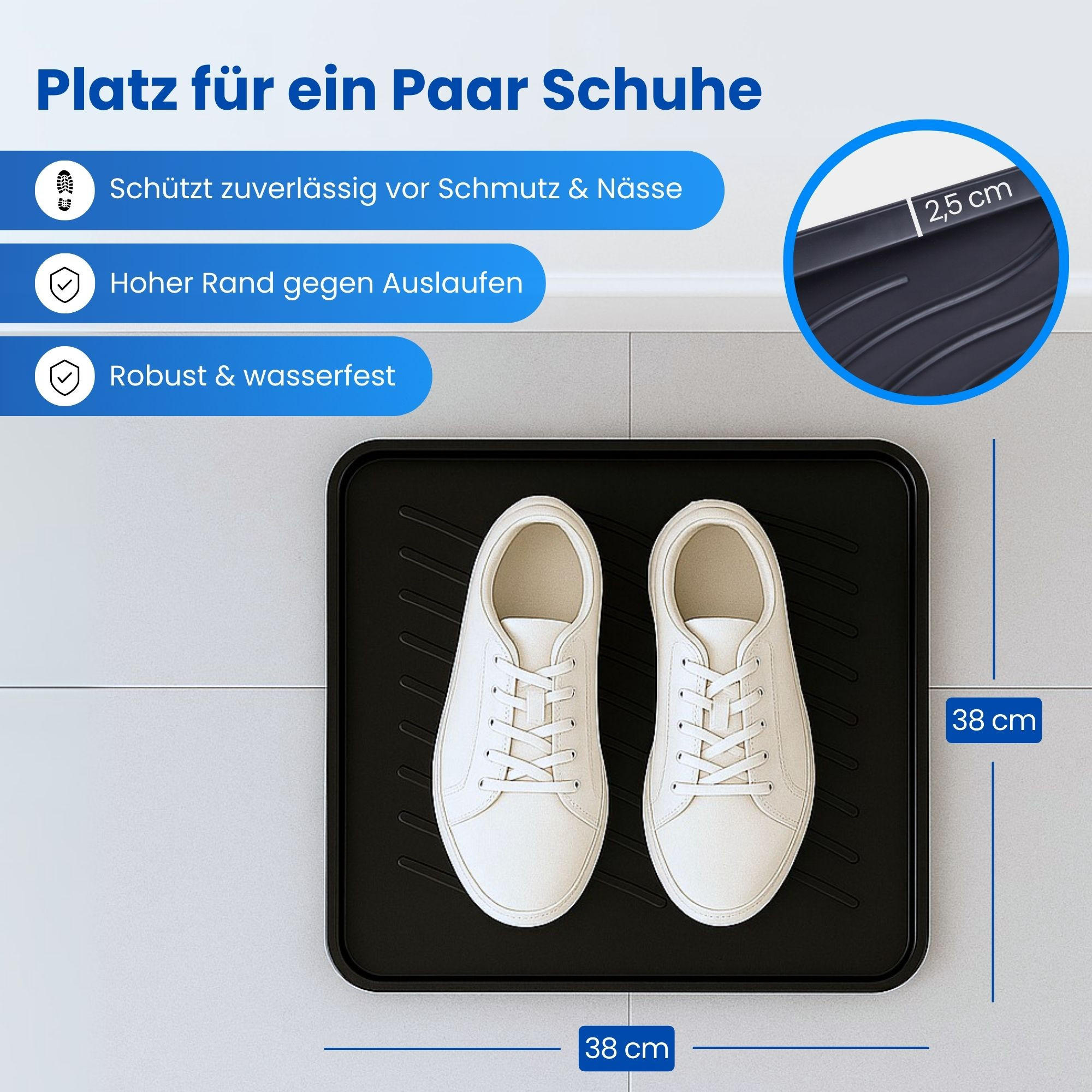 SCHUHABTROPFSCHALE mit hohem Rand (38x38x2,5cm) Schuhablage - wasserdichte Schuhwanne und Abtropfunterlage für Schuhe - Schwarz, Kunststoff (38/38cm) - Bestlivings