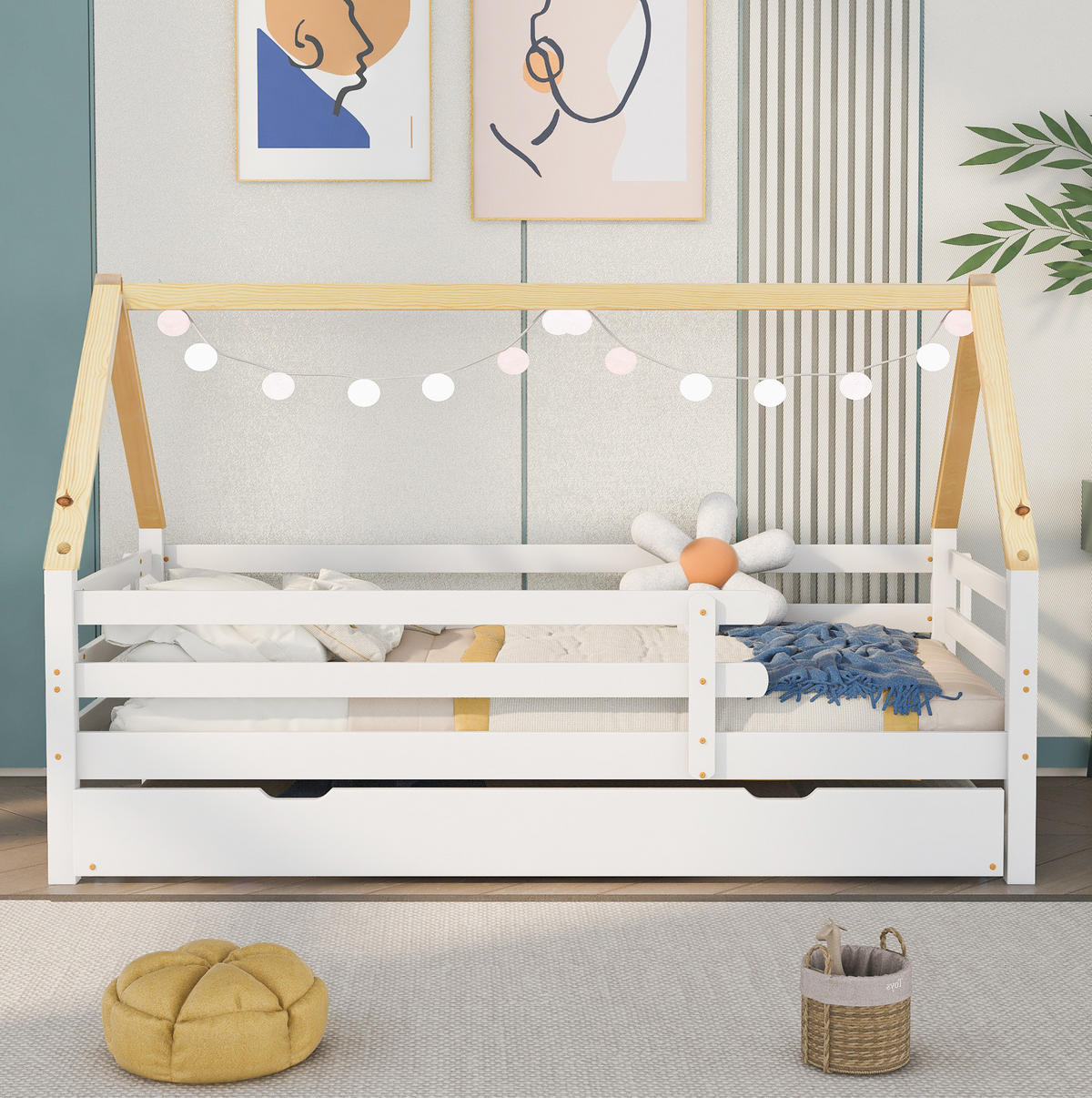 HAUSBETT 90/200 cm mit Ausziehbett, Rundum-Sicherheitsgeländer und Massivholzgestell, Weiß/Natur - Weiß, Holz (90/200cm) - Redom