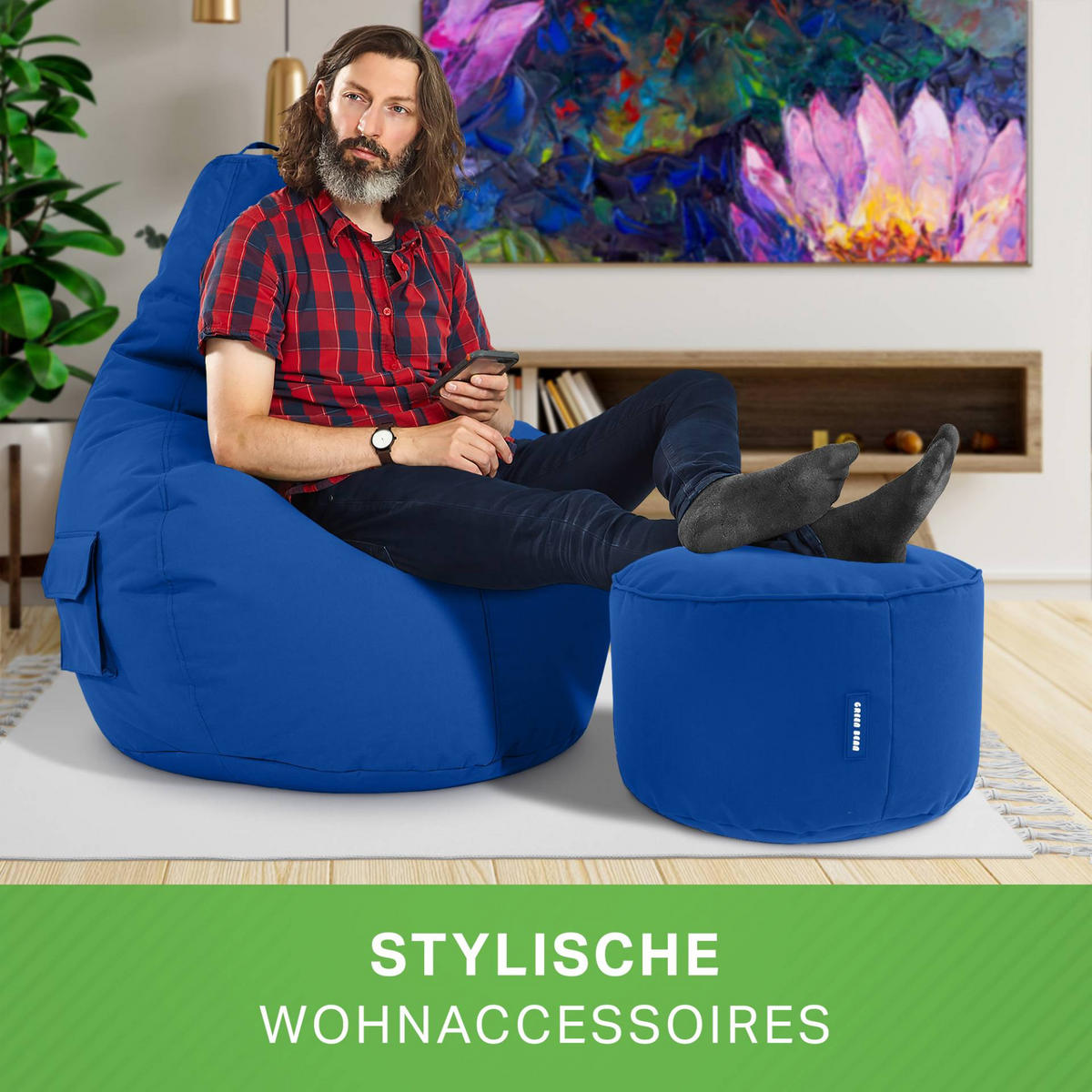 SITZSACK + Hocker "Cozy+Stay" 2er Set - Blau, Textil (70/90/80cm) - Green Bean